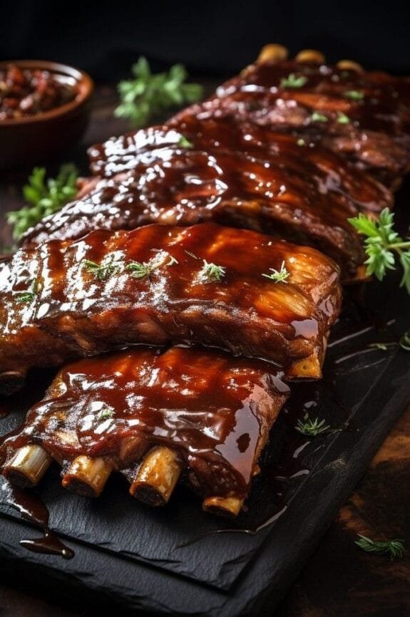 Delicious glazed ribs served at The Fat Hog Restaurant, perfectly cooked and coated with rich barbecue sauce, garnished with fresh herbs. A must-try dish for rib lovers in Bali.