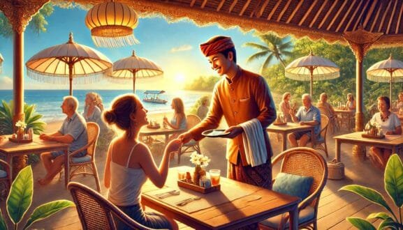 Tipping Culture in Bali – A friendly Balinese waiter in traditional attire receives a tip from a smiling tourist at a beachfront restaurant. The tropical setting features lush greenery, wooden tables, and a serene ocean view in the background, with warm sunlight enhancing the inviting atmosphere. Other diners, both locals and tourists, are seen enjoying their meals, highlighting the spirit of hospitality and appreciation in Bali.