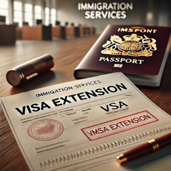 An official visa extension Bali document placed on a wooden desk, accompanied by a passport, a pen, and an immigration stamp.